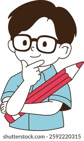 The student is thinking with a smile while holding a pencil in one hand. minimal line art vector illustration. 