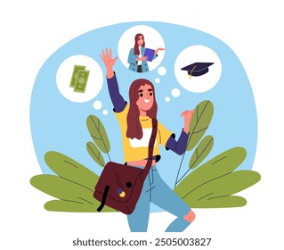 Student thinks about future. Girl dreams of successful career and money. Aspiring specialist chooses career path. Ambitions and opportunities. Flat vector illustration isolated on white background