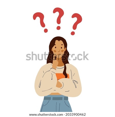 The student thinks about the problem, the girl solves the question. Cute cartoon flat illustration with question marks vector isolated on white background.