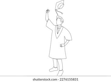 A student threw her cap in the air. Graduation one-line drawing