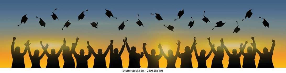 Student throwing graduation caps through the air for celebration black silhouette with sunset sky as background vector illustration.