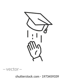 student throws up graduation cap in the air, flying academic hat in the sky, university award icon, thin line symbol on white background - editable stroke vector eps10