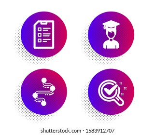 Student, Timeline and Checklist icons simple set. Halftone dots button. Chemistry lab sign. Graduation cap, Journey path, Data list. Lab research. Science set. Classic flat student icon. Vector