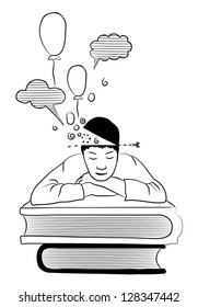 Student tired of learning and sleeping on books - vector illustration