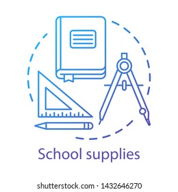 Student tools, school supplies concept icon. Stationery items store advertising idea thin line illustration. Book, dividers and ruler with pencil vector isolated outline drawing. Draftsmanship lesson