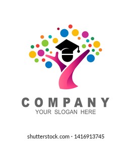 student and tree logo design template, clean vector, colorful leaf icon