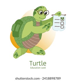 Student turtle in cartoon style. Hand drawn cute education card with an inscription.