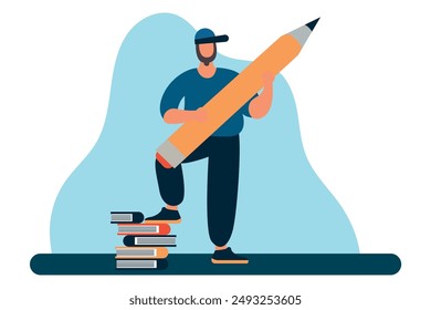 Student Underlining Important Text with Large Pencil - Man Standing on Stack of Books, Emphasizing Key Points - Flat Graphic Vector Illustration Isolated on White Background