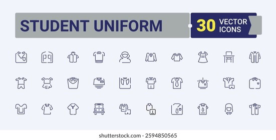 Student Uniform vector icon set. Contains linear outline icons like formal, school, clothes, children, wear, child and more. mobile and web apps. Editable stroke. Vector collection.