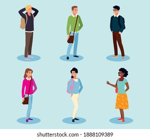 student universirty young people characters with bags vector illustration