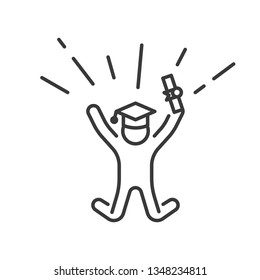 Student university in graduate cap with graduation document, jumping and celebration icon outline vector