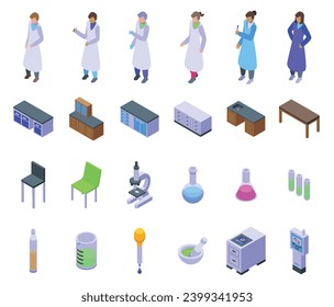 Student university laboratory icons set isometric vector. Glass tube. Lab invention potion