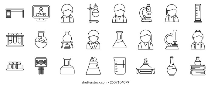 Student university laboratory icons set. Scientists and their equipment are represented in this line icon set perfect for websites and infographics