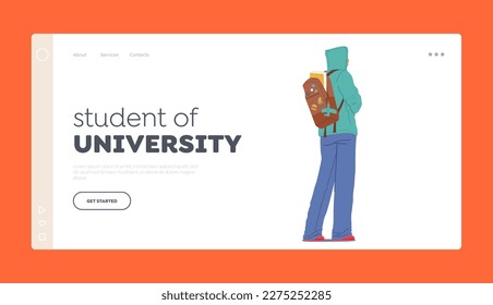 Student of University Landing Page Template. Rear View Of Teenager Carrying Open Backpack with Book. Education, Back-to-school, Independence And Determination Of Youth. Cartoon Vector Illustration