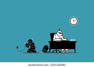 Student use AI artificial intelligence robot to do his school homework while being lazy. Vector illustration concept of technology issue, cheating, reliance on AI, plagiarism and education setback.