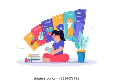 A student uses flashcards to memorize vocabulary words.