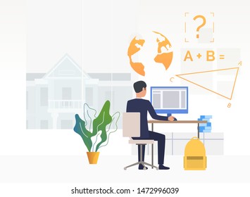 Student using computer and studying at desk. Learning, information, back to school concept. Vector illustration can be used for topics like study, knowledge, education