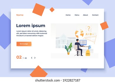 Student using computer and studying at desk. Learning, information, back to school concept. Vector illustration can be used for topics like study, knowledge, education