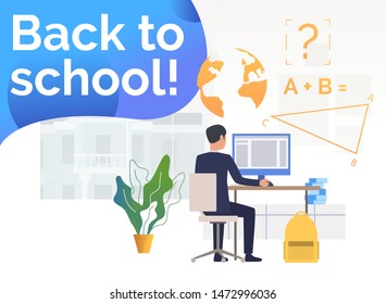 Student using desktop computer and studying at desk. Learning, information, back to school concept. Poster or landing template. Vector illustration for topics like study, knowledge, education