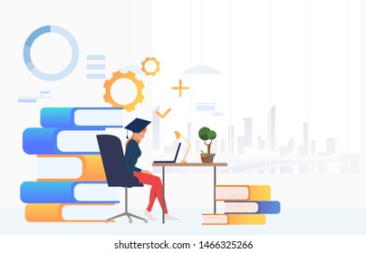 Student using laptop and studying at desk. University graduation and information concept. Vector illustration can be used for topics like literature education and knowledge.