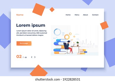 Student using laptop and studying at desk. University, graduation, information concept. Vector illustration can be used for topics like literature, knowledge, education