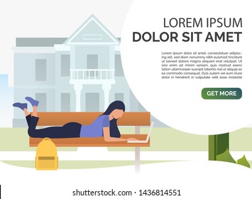 Student using laptop, studying and lying on bench in campus park. Information, university concept. Presentation slide template. Vector illustration for topics like knowledge, relaxation, education
