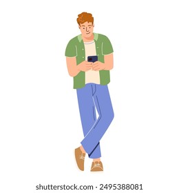 Schüler mit Mobiltelefon. Der Typ hält das Smartphone und schaut auf den Bildschirm, tippt, chattet, surft im Internet Flat Vektorillustration Mann mit Handy isoliert weißen Hintergrund