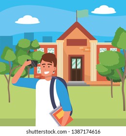 Student using smartphone on campus background