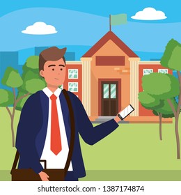 Student using smartphone on campus background