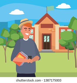 Student using smartphone on campus background
