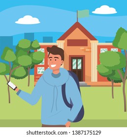 Student using smartphone on campus background