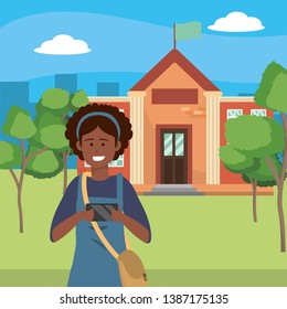Student using smartphone on campus background