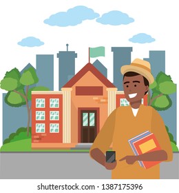 Student using smartphone on campus background