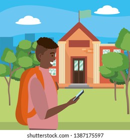 Student using smartphone on campus background