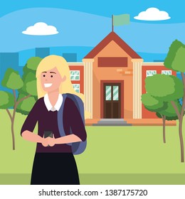 Student using smartphone on campus background