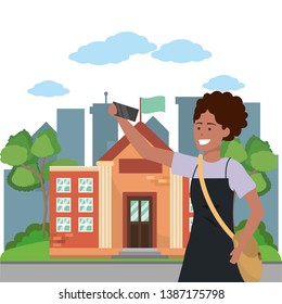 Student using smartphone on campus background