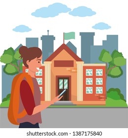 Student using smartphone on campus background