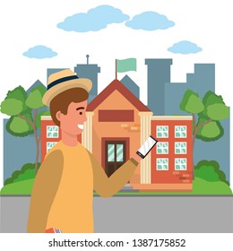 Student using smartphone on campus background