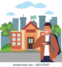 Student using smartphone on campus background