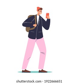 Student using smartphone. Young man hold smart phone texting message or surfing internet online. Teen guy with cellphone messaging. Cartoon flat vector illustration