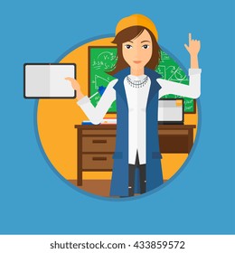 Student using a tablet computer in training class. Woman with tablet computer pointing her forefinger up. Education technology. Vector flat design illustration in the circle isolated on background.