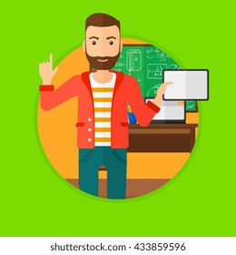 Student using a tablet computer in training class. Hipster man with tablet computer pointing forefinger up. Education technology. Vector flat design illustration in the circle isolated on background.