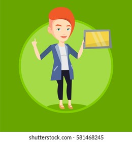 Student using a tablet for education. Student holding tablet computer and pointing finger up. Concept of educational technology. Vector flat design illustration in the circle isolated on background.