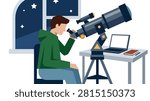 Student using telescope for astronomy research with telescope, astronomy
