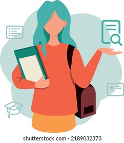 Student vector abstract flat illustration. Education concept. Girl with textbooks.