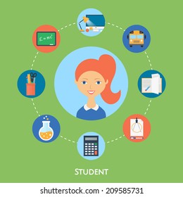 Student, vector character, education icons. Flat style