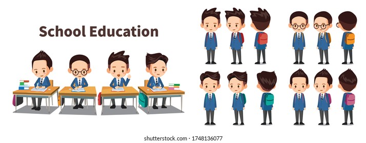 Student Vector Character Turnaround. Male Students In School Uniforms Studying At School Desk.