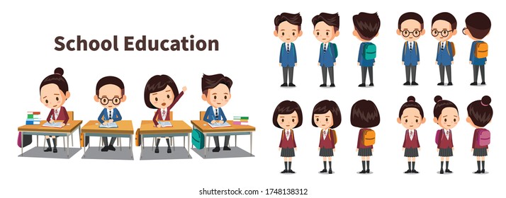 Student Vector Character Turnaround. Male And Female Students In School Uniform Are Studying At The School Desk.