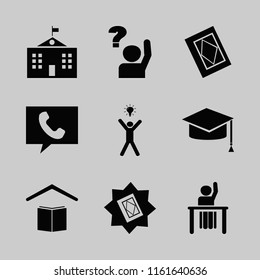 student vector icons set. with happy man bulb, holy quran, phone and school in set