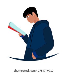 Ilustración vectorial estudiantil. Niño sosteniendo un libro con fondo blanco. Un adolescente feliz con ropa informal. Estilo de vida de los jóvenes.